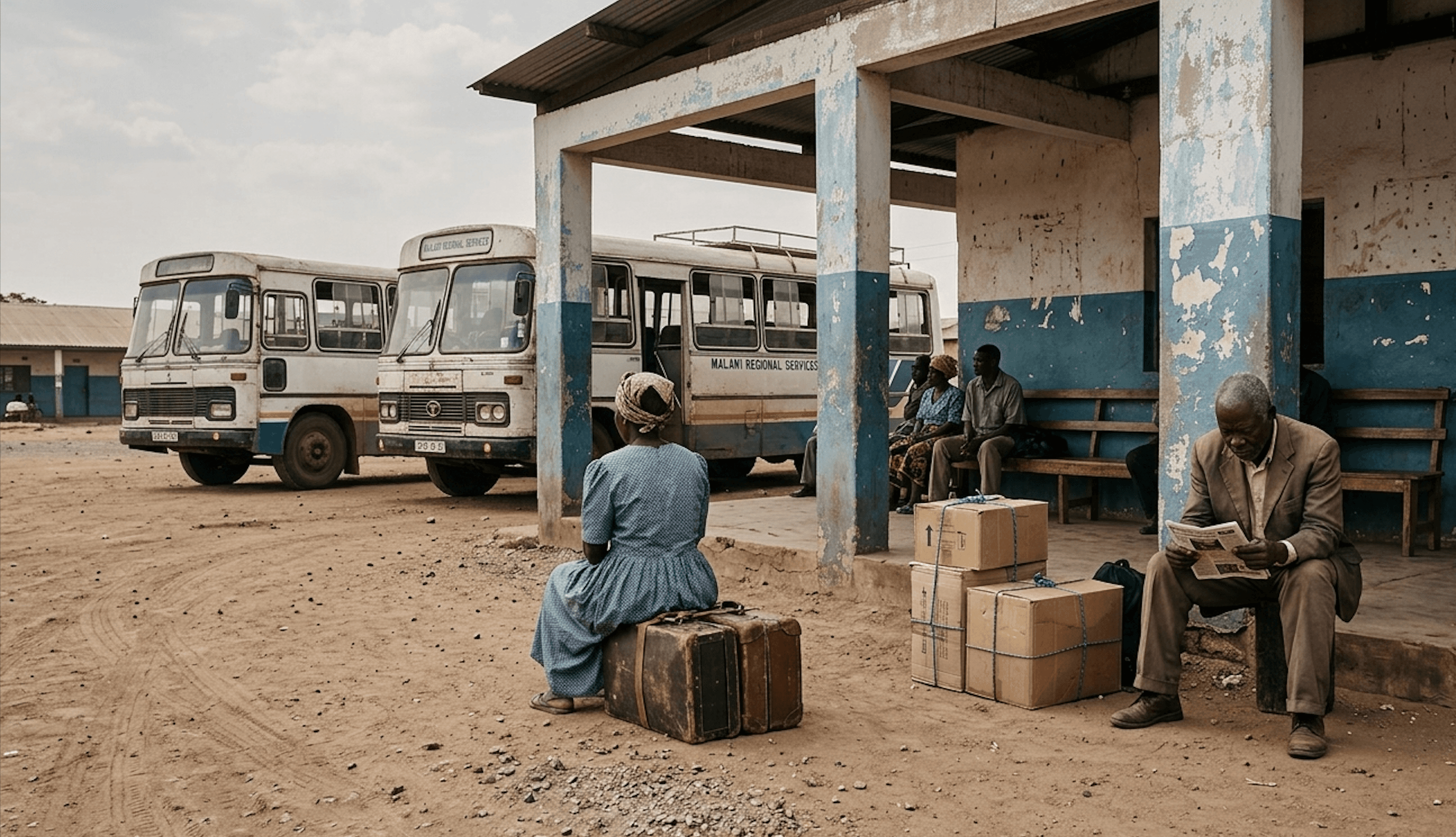 A busy bus terminal in Lilongwe, a crossing point for journeys across Malawi