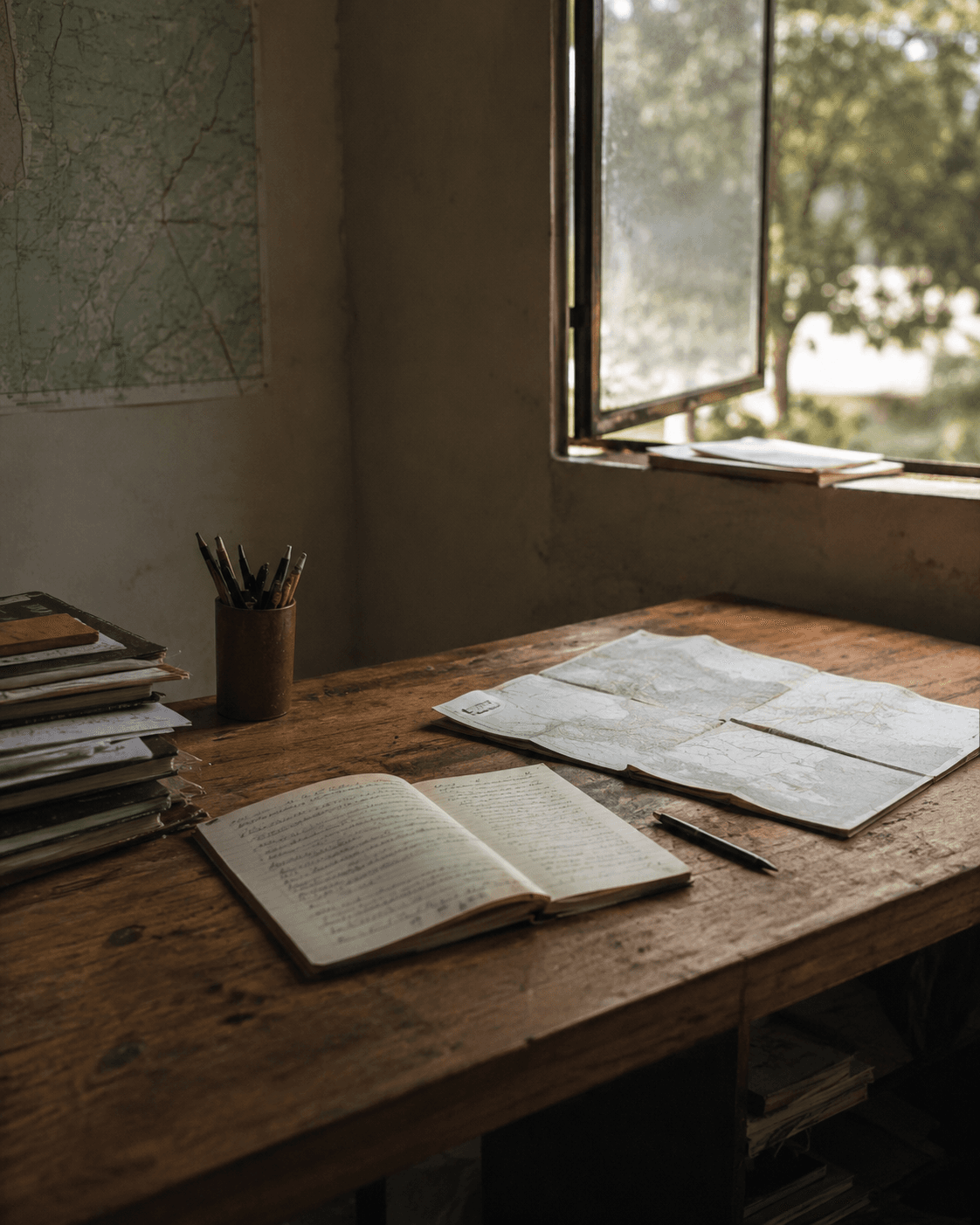 A working desk in Lilongwe where a Malawi trip is planned by hand
