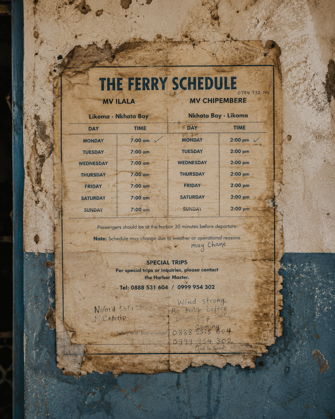 The printed timetable for the Ilala ferry serving Likoma Island on Lake Malawi