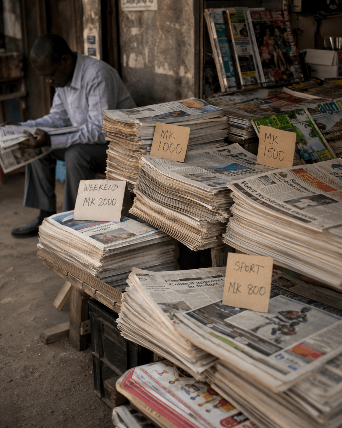 A folded morning newspaper read on a street in Lilongwe, Malawi