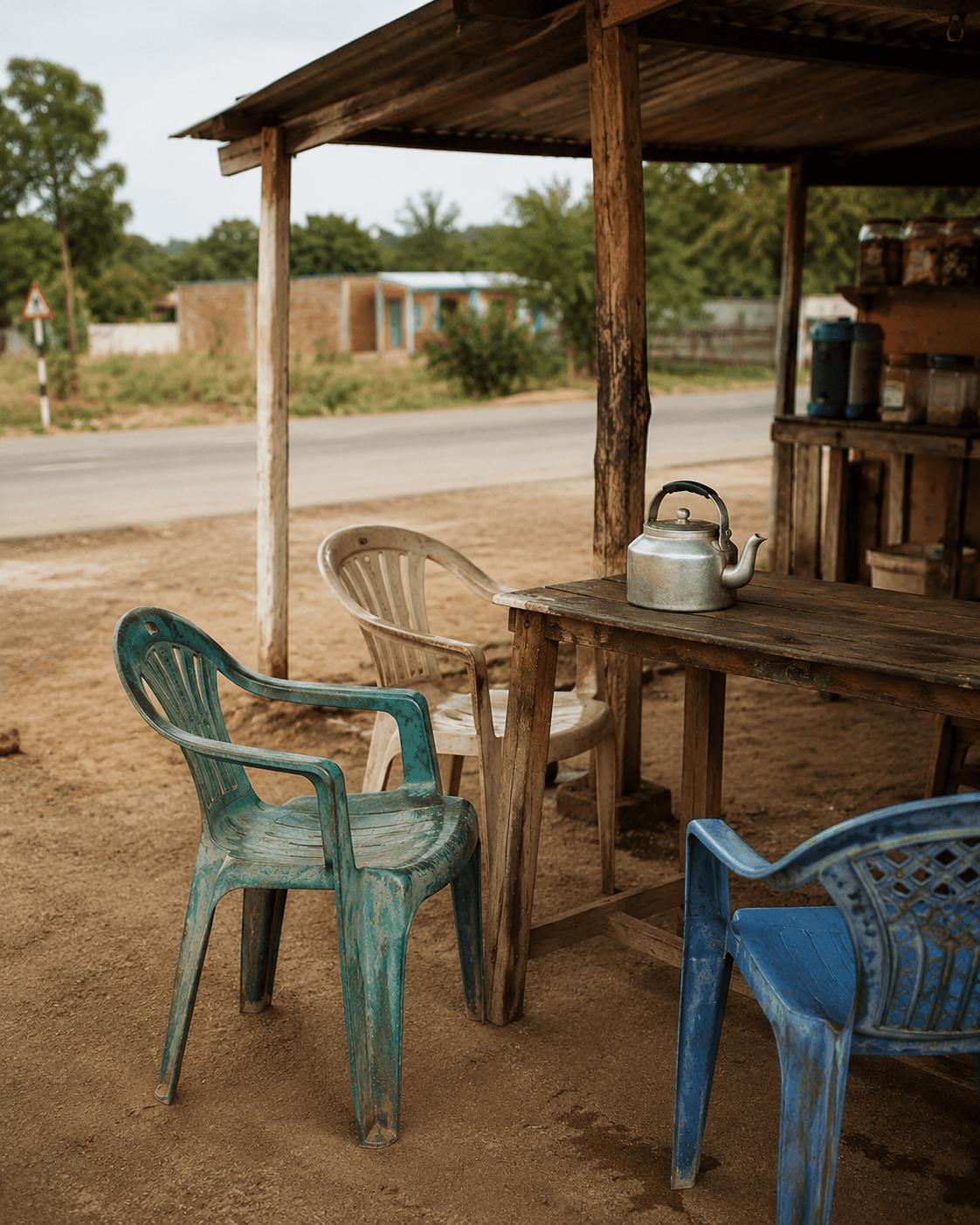 A plastic chair set out for guests by the lakeshore in Malawi