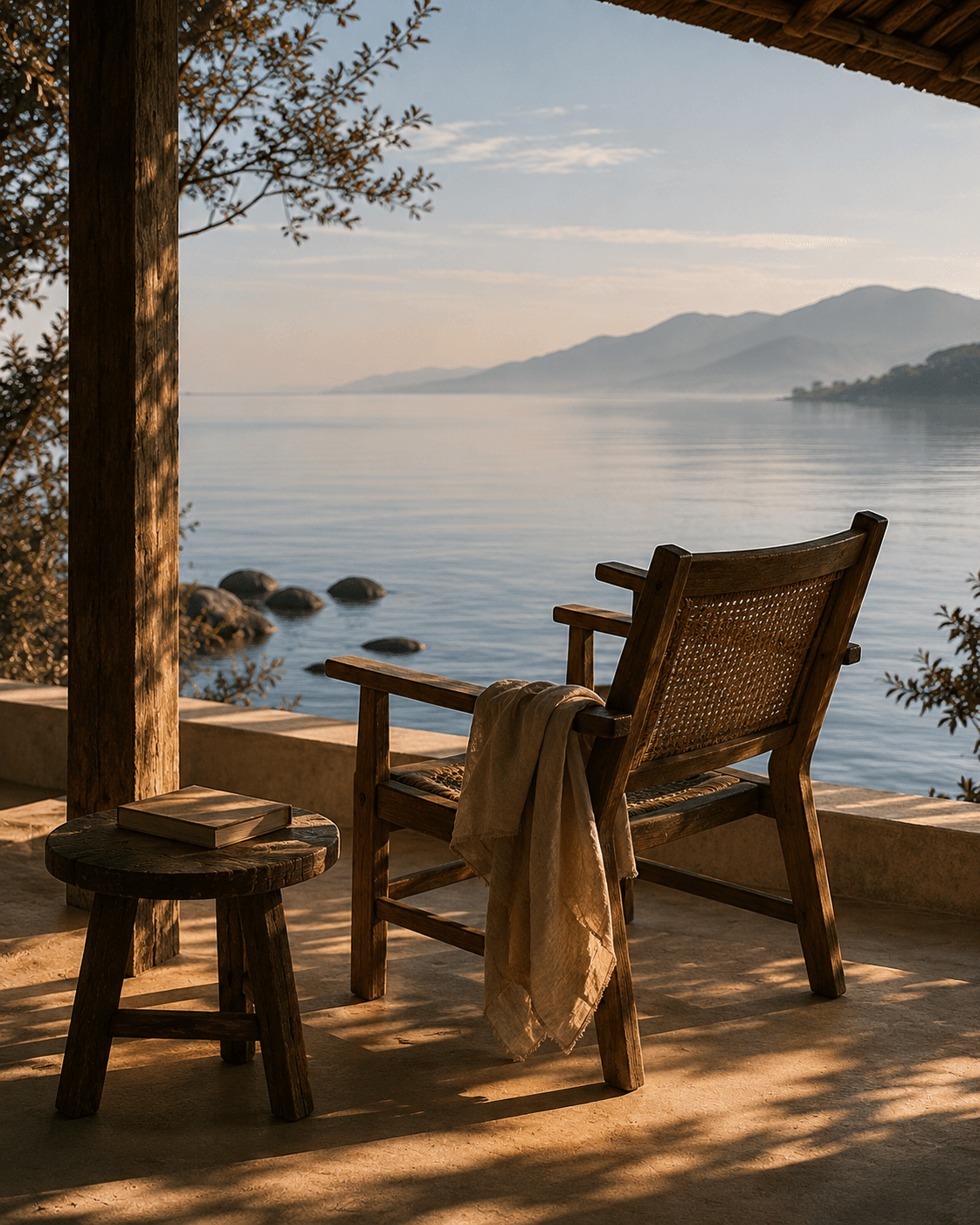 A veranda chair facing Lake Malawi at a lakeside stay near Cape Maclear