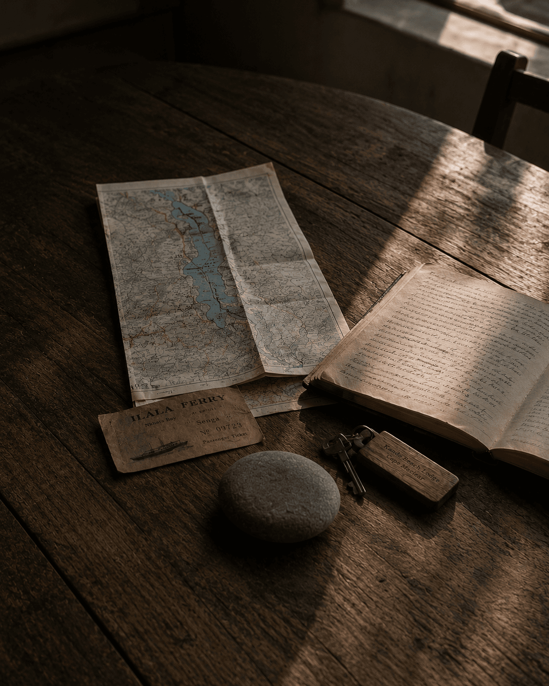 A table of objects collected while travelling Malawi, laid out like field research